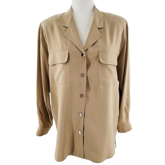 Preview Collection Beige Silk Button Down Minimalist Long Sleeve Shirt Jacket M - Picture 1 of 13